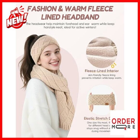 Winter Hat Scarf Gloves Headband Set, Fleece-Lined Pom Pom Beanie Touchscreen main image 8